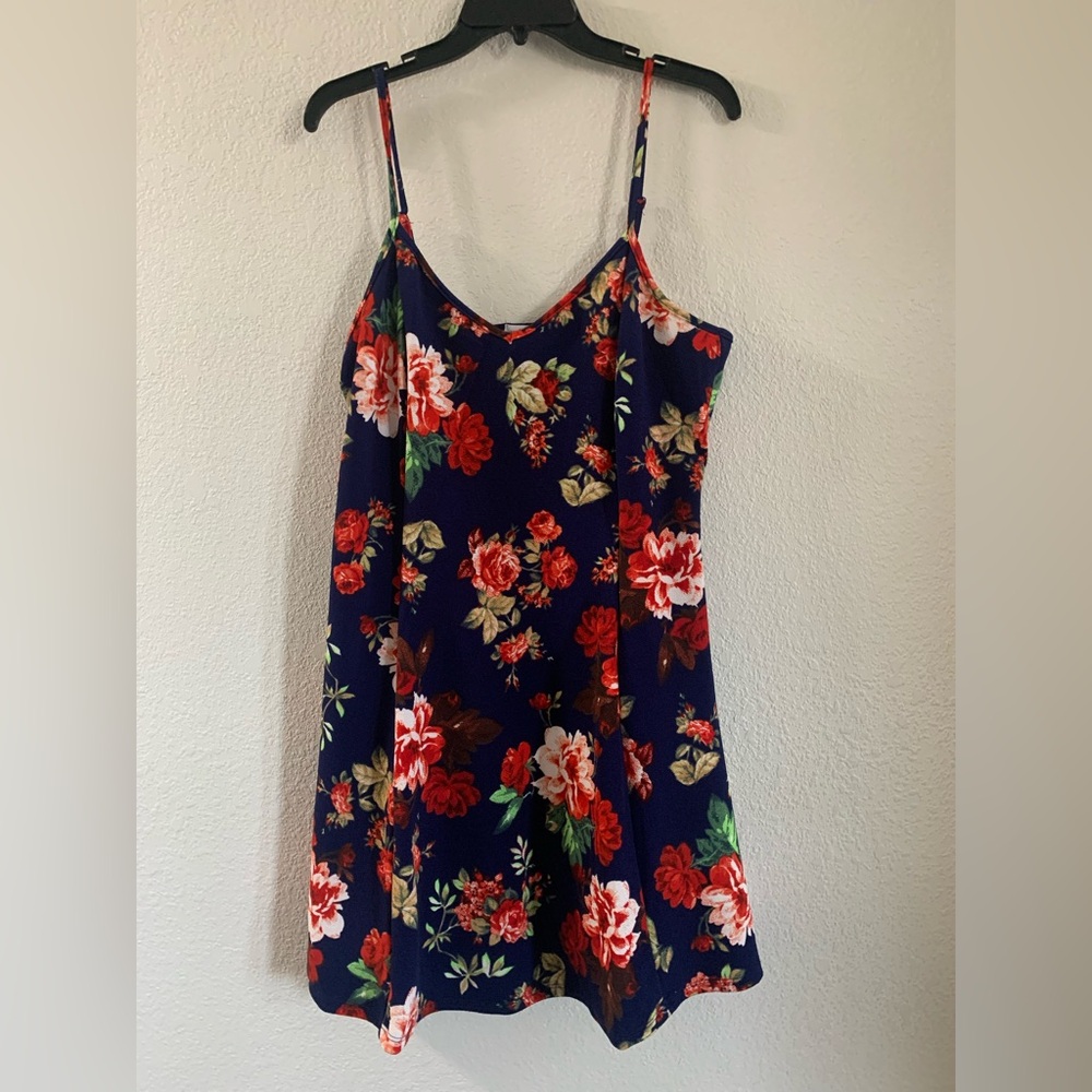 Navy Dress with Red and Green Floral Design